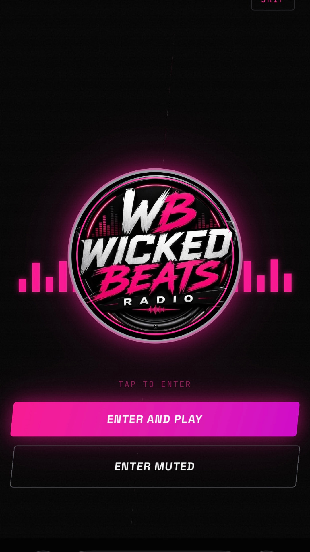 Wicked Beats Radio website entry screen with its bold pink and white logo